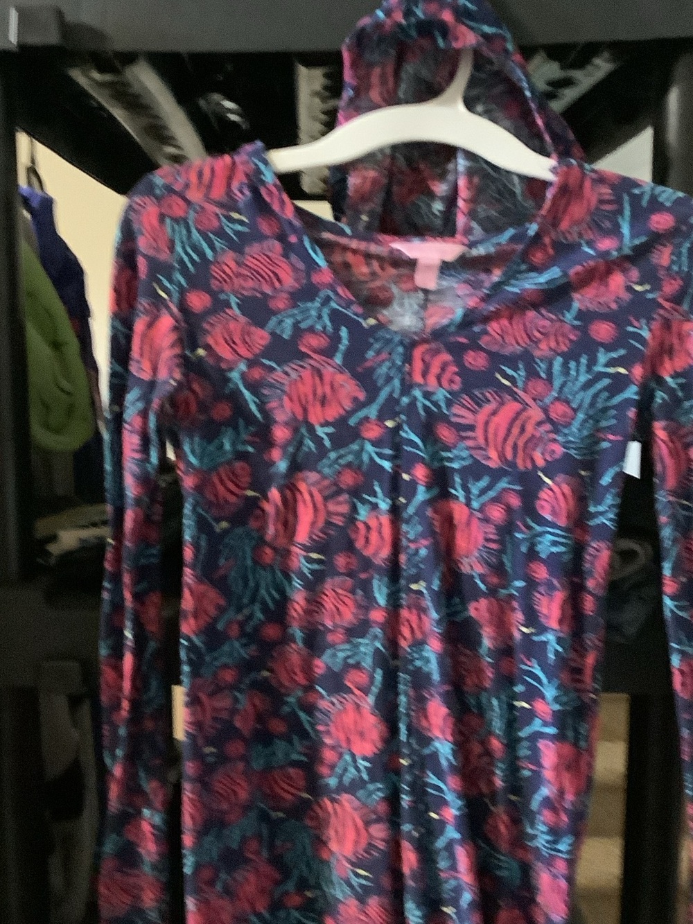 Lilly Pulitzer Navy Hooded Floral Tunic with Pink & Teal Print